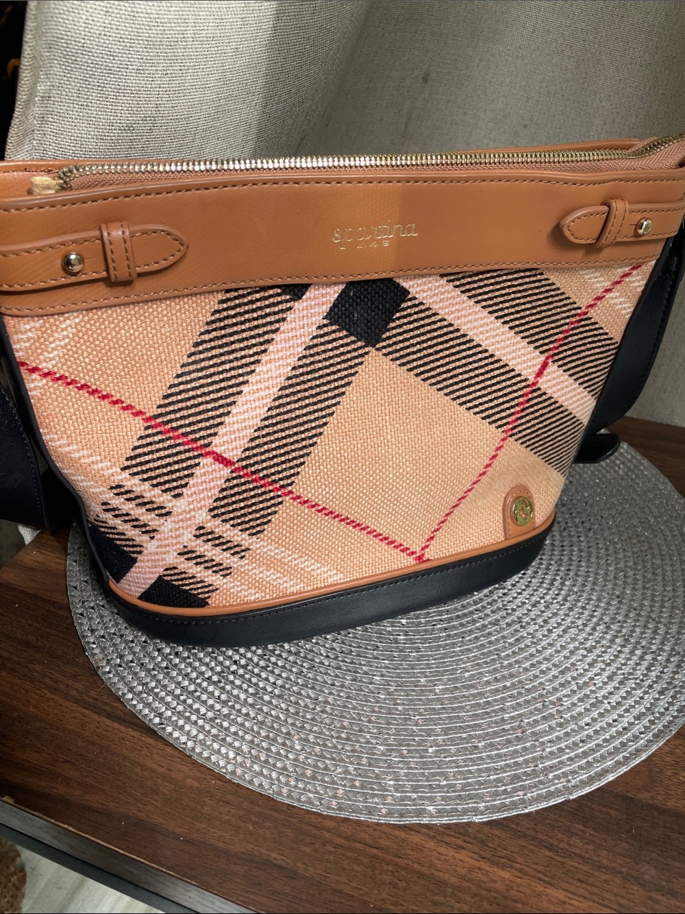 Spartina 449 Peach Canvas Crossbody with Black & Tan Trim